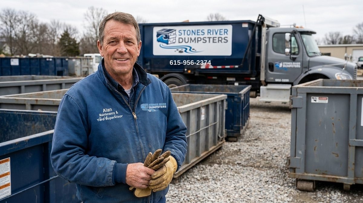 Alan, Stones River Dumpsters yard supervisor, beside a roll-off container
