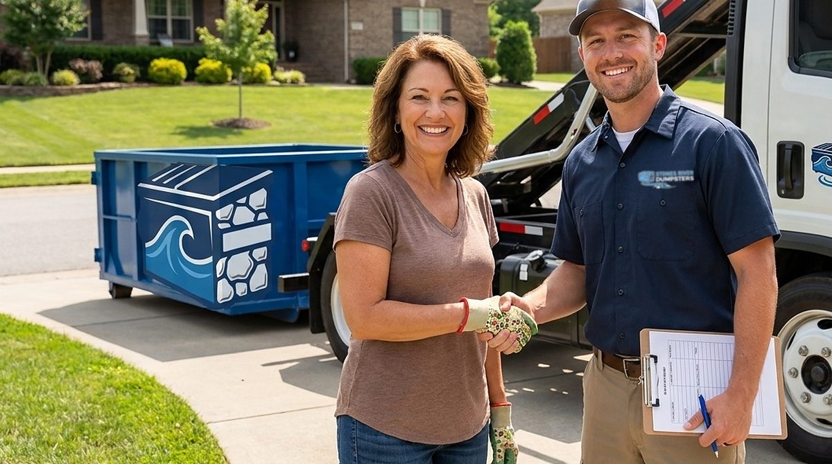 Stones River Dumpsters roll-off container on a Murfreesboro driveway
