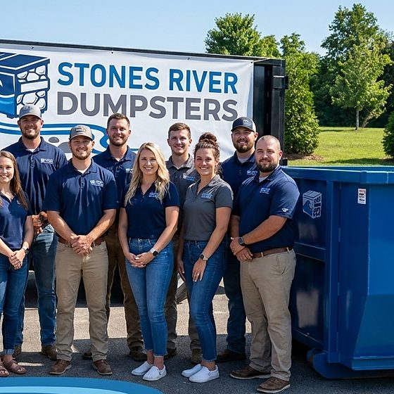 The Stones River Dumpsters crew with the truck and a roll-off container