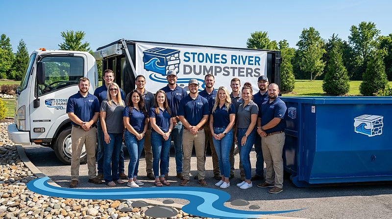 The Stones River Dumpsters team with a delivery truck