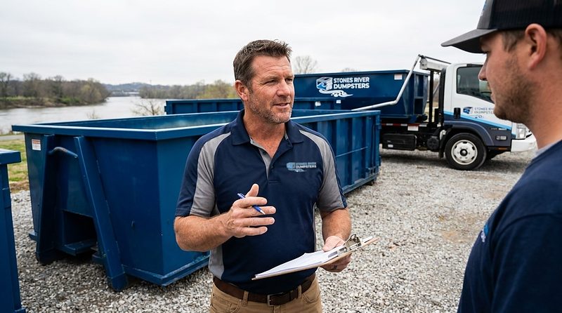 Stones River Dumpsters crew planning a job beside the containers