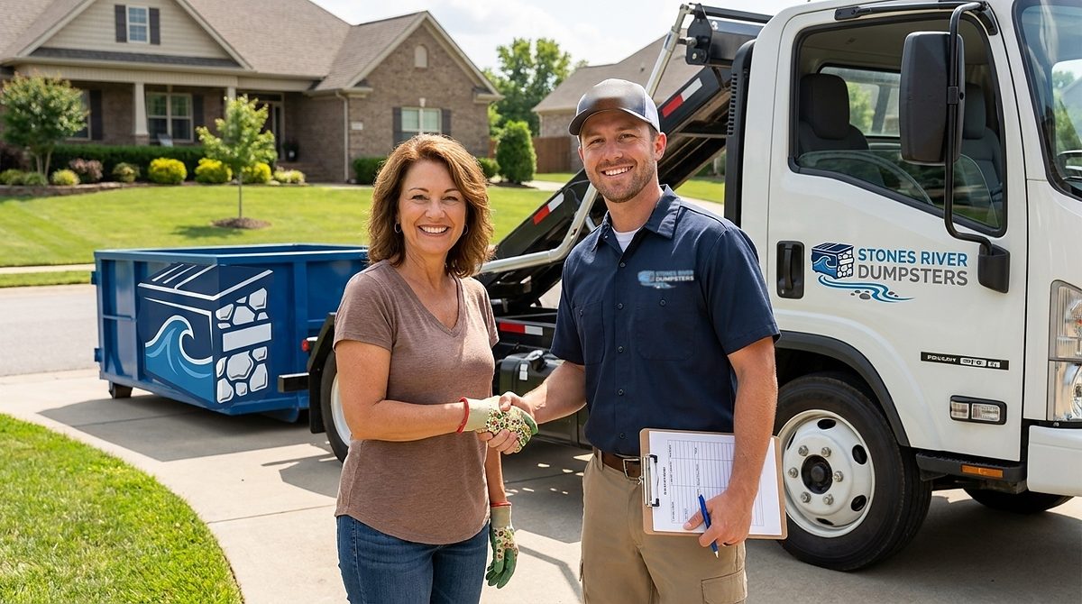 Stones River Dumpsters roll-off container delivered to a driveway in the La Vergne area
