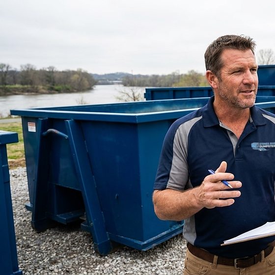 Stones River Dumpsters roll-off containers staged beside the river