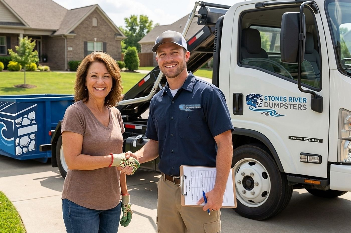 Stones River Dumpsters driver handing a homeowner the paperwork on delivery day