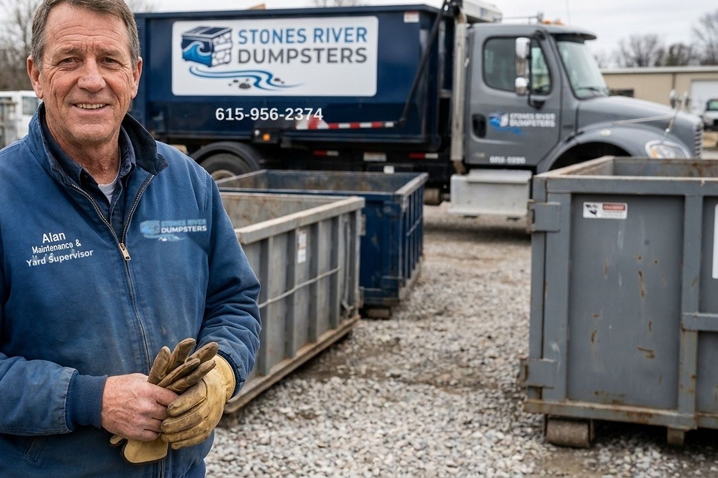 Stones River Dumpsters roll-off containers lined up at the yard